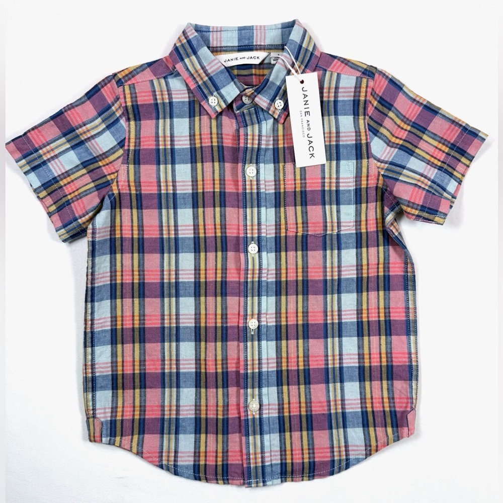 NWT JANIE AND‎ JACK Boys' Multi-Colored Linen Blend Plaid Casual Button Down 3